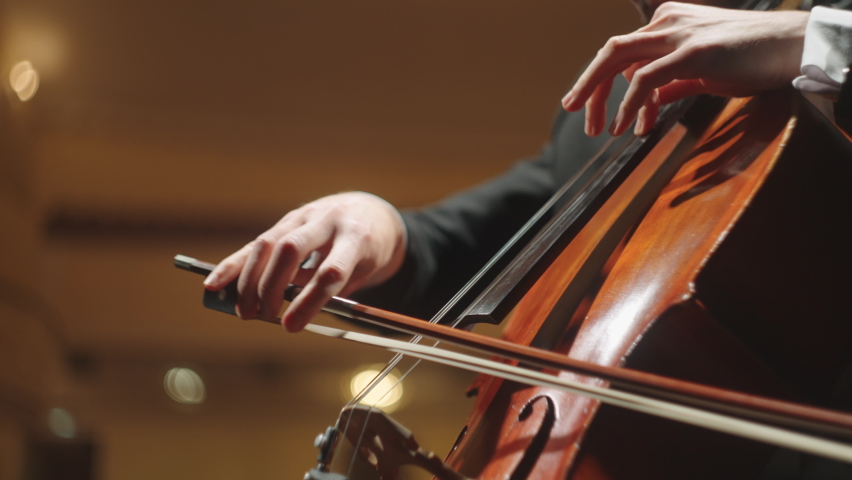 talented man is playing cello on scene of old opera house, closeup of hands of cellist Royalty-Free Stock Footage #1092013383