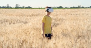 Young Boy in VR Glasses in Barley Filed Looking Around, Watching 360 Degrees Film Via Virtual Reality Interface. Technology, Entertainment, Imagination and People Concept