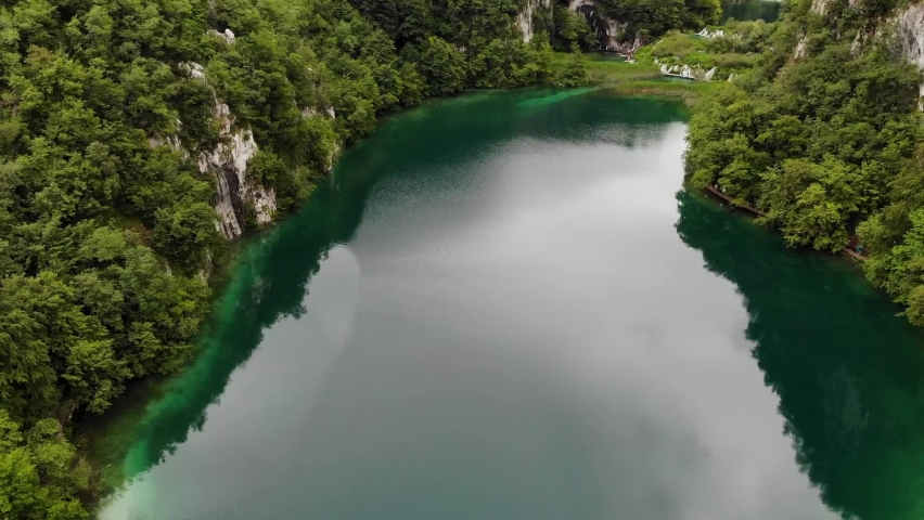 Aerial view Plitvice Lakes National Park Croatia, Europe. Mountain lakes with clear water and many waterfalls. Royalty-Free Stock Footage #1092020691