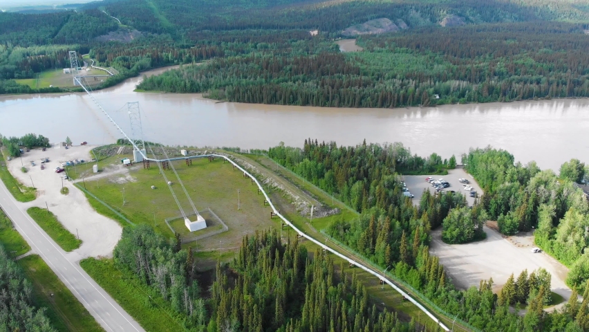 4K Drone Video of Trans-Alaska Oil Pipeline Bridge over the Tanana River near Big Delta, AK during Summer