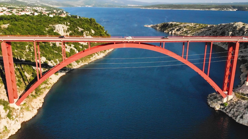 Red Arch Bridge Maslenica Bridge at Zadar, Croatia Aerial view at sunset Royalty-Free Stock Footage #1092022269