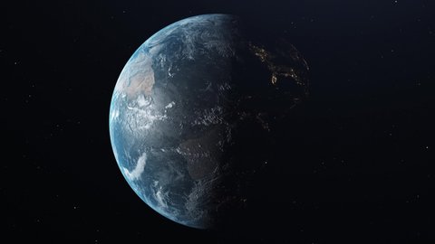Realistic Earth in Space rotating and drifting away, stars in background