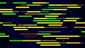 Green and black background. Motion.Bright multicolored small glowing lines in the animation move in different directions.