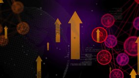 Animation of globe, arrows floating and connections on violet background. Network, computers, communication and technology concept digitally generated video. - Powered by Shutterstock - Get 15% off with code: PIKWIZARD15