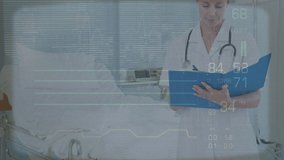 Animation of data and graphs on digital screen over caucasian female doctor. Health, medicine and technology concept digitally generated video.