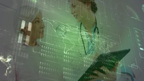 Animation of medical data processing over caucasian woman patient. Global finances business digital interface and technology concept digitally generated video. - Powered by Shutterstock - Get 15% off with code: PIKWIZARD15