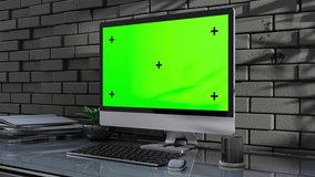 Computer MockUp on work desk in office Designed in minimal. can be used in education and business. Green screen for banner and logo. Animation, 3D Render. - Powered by Shutterstock - Get 15% off with code: PIKWIZARD15