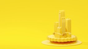 Building on yellow cog gear on yellow background. community drive concept and minimal style. Animation seamless loop, 3D Render. - Powered by Shutterstock - Get 15% off with code: PIKWIZARD15