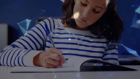 Animation of network of connections and globe over caucasian girl at school. Education, school, learning with technology concept digitally generated video.