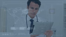 Animation of scope scanning, data processing and world map over biracial male doctor using tablet. Global medicine, healthcare and digital interface concept digitally generated video.
