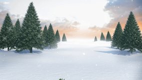 Animation of fir tree branches and snow falling over winter landscape at christmas. Christmas tradition and celebration concept digitally generated video.