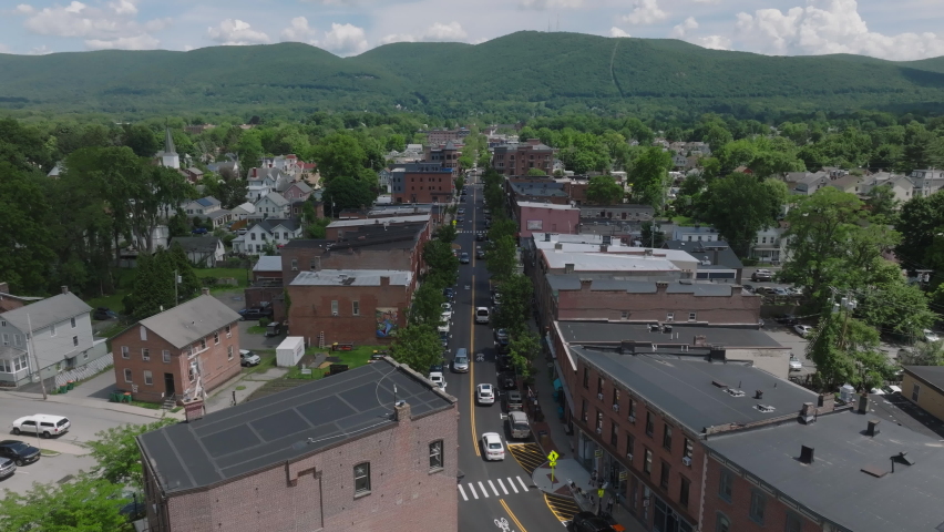 flying over Main Street in Beacon NY towards mountains