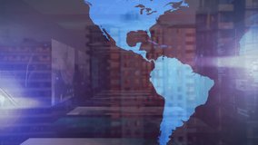 Animation of world map over cityscape. Global business and digital interface concept digitally generated video. - Powered by Shutterstock - Get 15% off with code: PIKWIZARD15