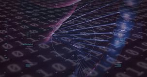 Animation of dna rotating over glitch, binary code on dark violet background. Science, human biology and technology concept digitally generated video.