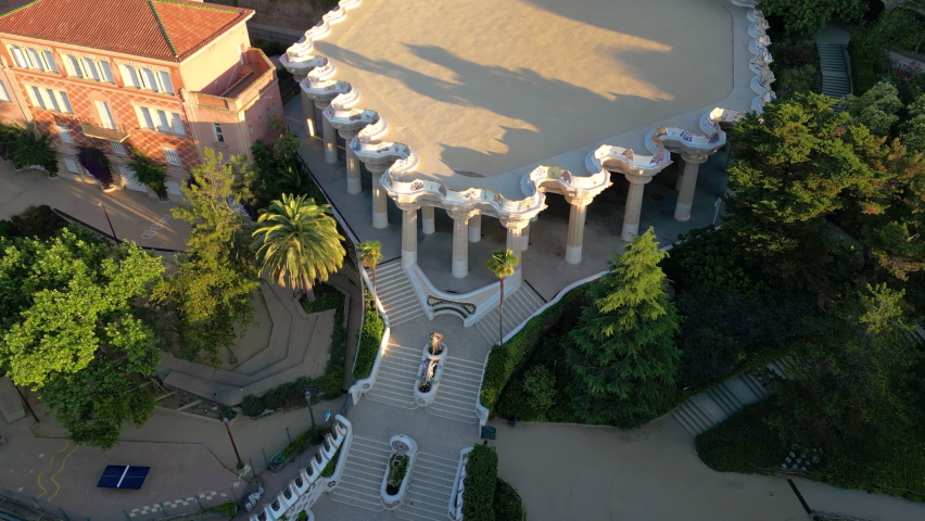 Aerial view of Park Guell by Antonio Gaudi at sunrise in Barcelona, Catalonia, Spain. Famous and extremely popular travel destination in Europe