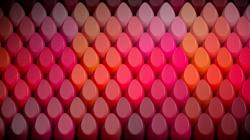 Lipstick swatches arranged in a tidy pattern. Tips of different shades of lipstick samples in a seamless loop. Perfect samples or background for beauty salons or make-up artists. Top view. | Shutterstock HD Video #1092051753