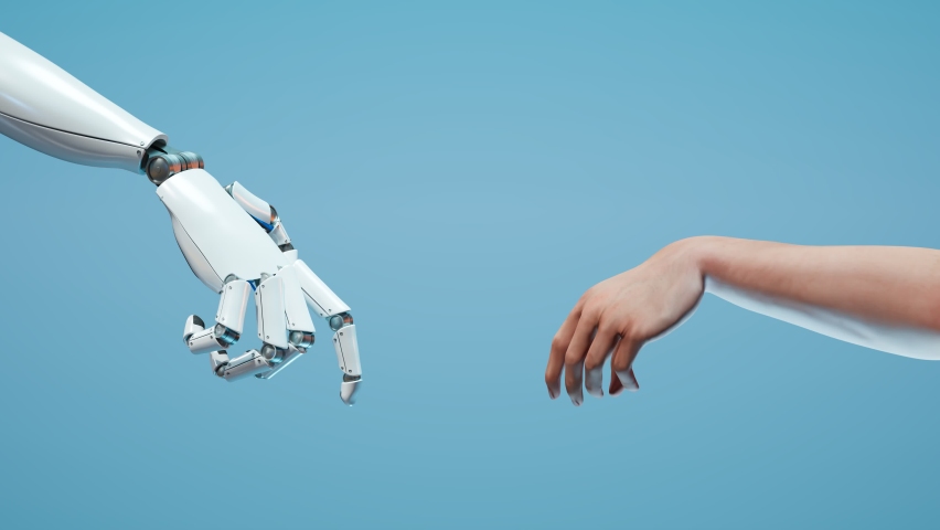 Animation with close up on shiny robotic arm touching human hand. Futuristic concept of the unity of biology and the digital world. The era of the cyborgs. Cohesion of science and humanity. Render 4K Royalty-Free Stock Footage #1092051823