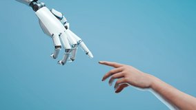 Animation with close up on shiny robotic arm touching human hand. Futuristic concept of the unity of biology and the digital world. The era of the cyborgs. Cohesion of science and humanity. Render 4K - Powered by Shutterstock - Get 15% off with code: PIKWIZARD15