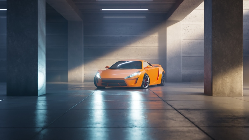 A beautiful, orange sports car standing in an abandoned underground garage. A dark interior is illuminated by sunlight pouring through the ceiling. The polished concrete floor reflects the headlights. Royalty-Free Stock Footage #1092052151