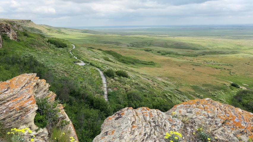 Scenic views from the top of cliffs at Head-Smashed-In Buffalo Jump near Fort Macleod, Alberta. 