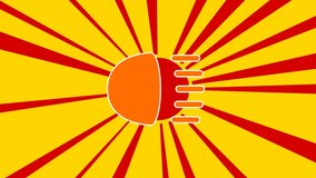 Headlight symbol on the background of animation from moving rays of the sun. Large orange symbol increases slightly. Seamless looped 4k animation on yellow background