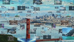 Connected Aerial City. Social Media Posts Displaying Several Videos And Images. Mobile Technology Concept, Augmented Reality, Internet Of Things. Futuristic City. Golden Gate Bridge, San Francisco. US - Powered by Shutterstock - Get 15% off with code: PIKWIZARD15