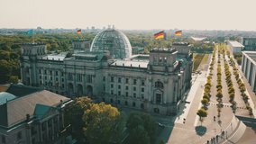 Aerial footage of BUNDESTAG, reichstag IN BERLIN, GERMANY.