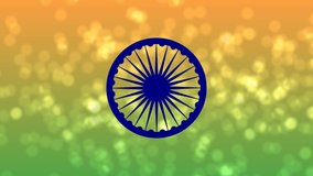 Floating bright circles on indian flag colour background and spining Ashok chakra. India background clip.