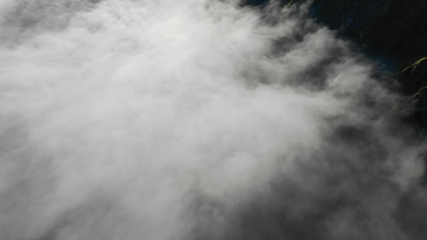 Aerial view of Unalaska Bay with fog on Unalaska island, Alaska, United States.
