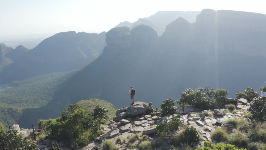 Aerial View of person watching by the peak the Blyde River Canyon Nature Reserve, Mpumalanga, South Africa.