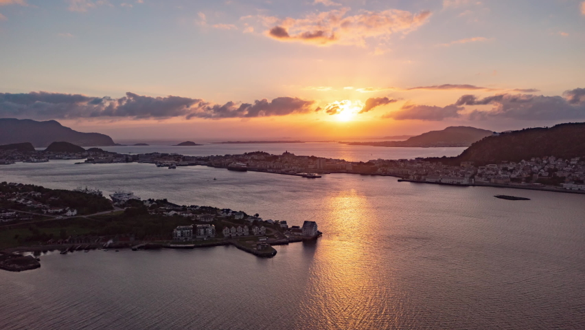 Drone Hyperlapse around the Alesund city, during summer sunset in central Norway