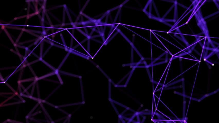 Abstract background of neon purple moving lines and dots connected to form a plexus. Seamless looped repetitive animation. Science and technology, network and business BG. High quality 4k footage