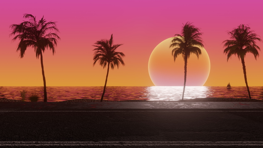 Moving along the ocean side of the road with coconut palm trees in sunshine. 3d Synthwave animated background. Seamless loop. Royalty-Free Stock Footage #1092105681