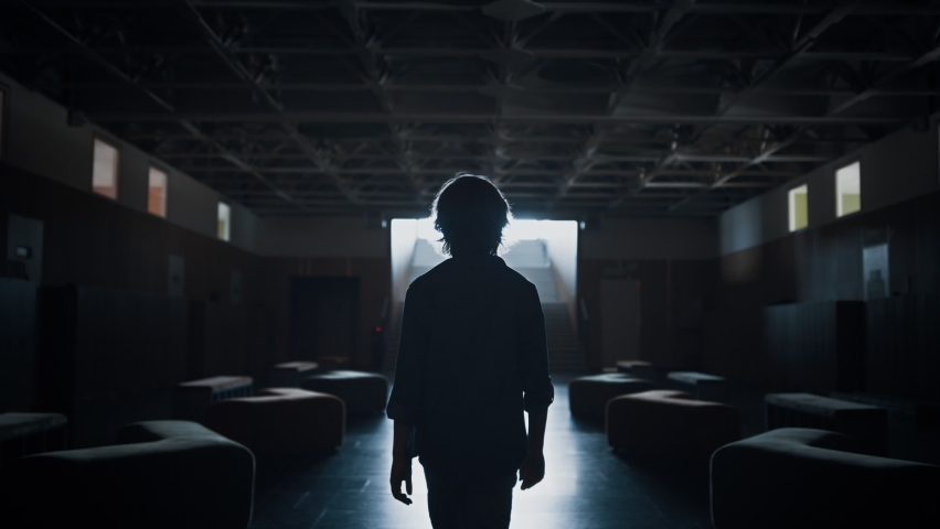Lonely schoolboy silhouette walking dark empty corridor alone. Upset bullying victim teenager going hall hiding after conflict back view. Depressed child elementary school. Loneliness concept. Royalty-Free Stock Footage #1092108167
