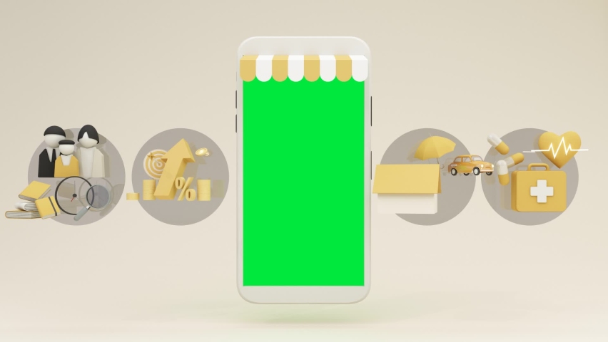 Insurance company client take out complete insurance concept. Assurance and insurance: car, real estate and property, travel, finances, health, family life. green screen widescreen. 3d rendering loop