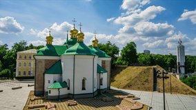 Historical Church of the Saviour at Berestove and its ancient foundation, Kyiv, Ukraine. UNESCO World Heritage Site. 4K Time Lapse