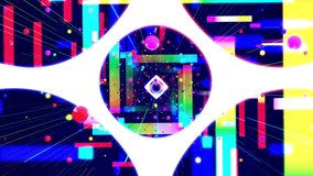 Motion graphic, camera fly in art space or tunnel with neon light. Modern motion design vj loop, flying through art space of glow rectangles, spheres, lines and wireframes, rainbow gradient color.