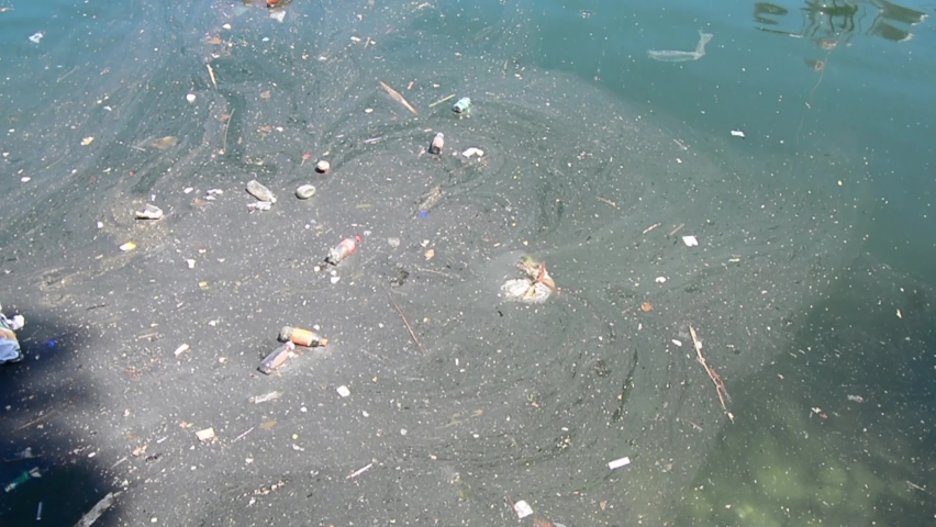 Trash and debris floating through ocean harbor