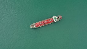 Drone flying with Refinery industry cargo ship. Fuel for transport. Aerial view of Oil Chemical LPG tanker ship Oversea transportation. Footage b roll. Business Import-Export cargo ship.