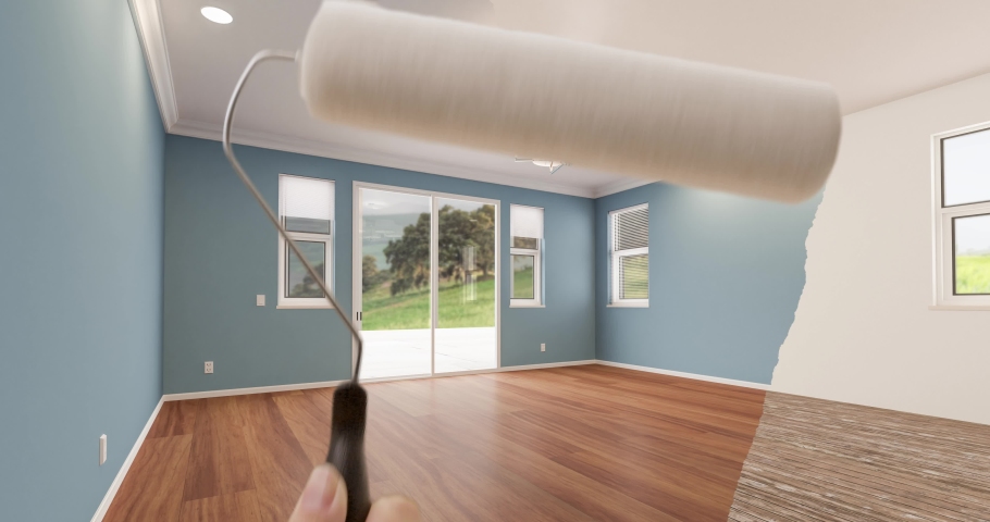 Female Hand Using Paint Roller to Reveal Before and After of Unfinished Master Bedroom to Finished and Newly Painted Remodel. | Shutterstock HD Video #1092119497