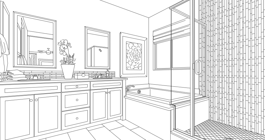 Female Hand Using Paint Roller to Reveal Before and After of Concept Line Drawing Design to Finished Bathroom Remodel. Royalty-Free Stock Footage #1092119501