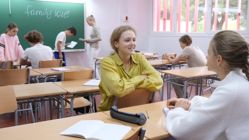 Teenage girls and boys having conversation and relxing during recess after lesson in school.