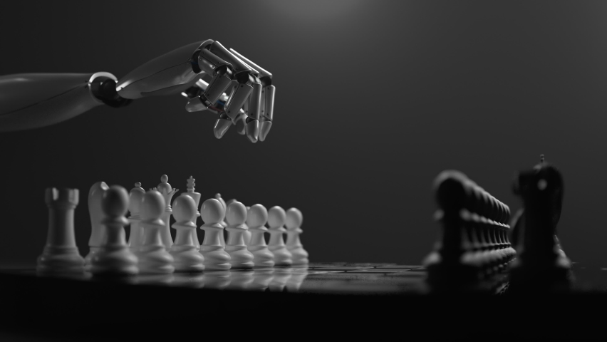 Shiny futuristic robotic arm playing chess. Robot hand over the chessboard. Artificial intelligence solves problems for humanity. Concept of advanced technology using complicated algorithms. | Shutterstock HD Video #1092125923