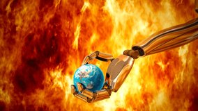 Abstract concept of a robotic arm holding Earth's globe. The machine is crushing the blue planet. Rise of the machines. Artificial intelligence turns against humanity. Global crisis. CGI render 4K - Powered by Shutterstock - Get 15% off with code: PIKWIZARD15
