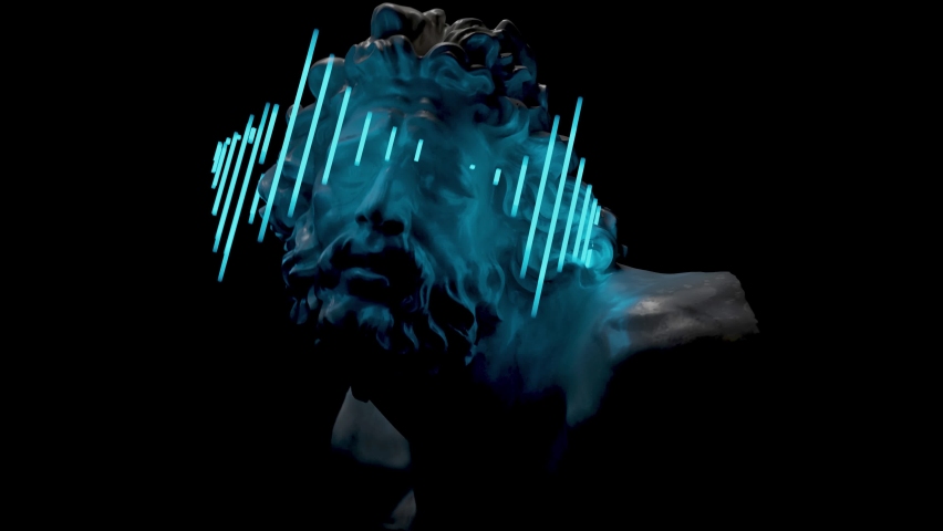 Bust of a Laocoon with a neon hologram on his eyes. The rhythm of a music track or voice message, bright modern art. Looped video, 3d rendering | Shutterstock HD Video #1092127575