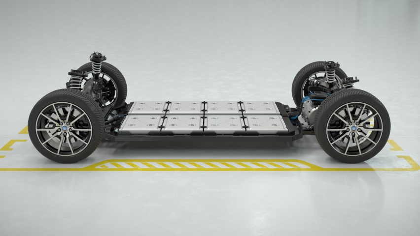 Technical turntable animation of an electric vehicle chassis with battery pack in exploded view. Realistic high quality 3d animation. Looping Royalty-Free Stock Footage #1092129055