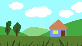 Simple animation about the atmosphere in the morning in the countryside, the sun is starting to rise, the clouds are moving, and everything looks fresh