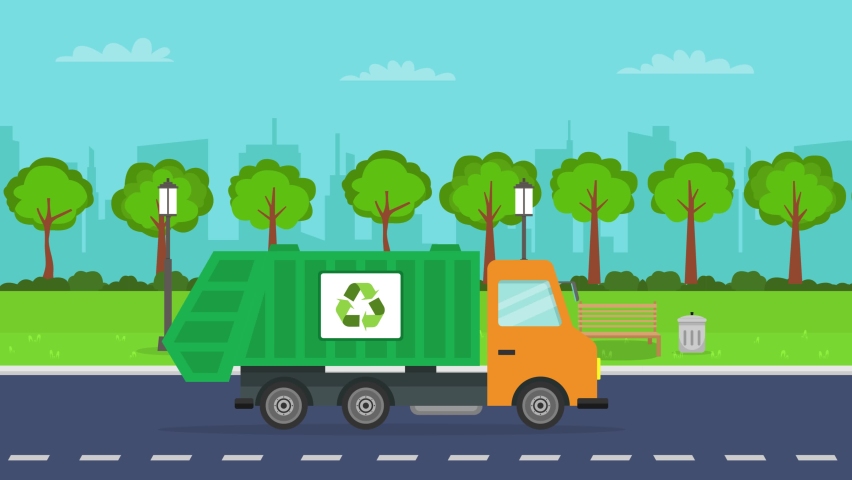 Garbage truck animation moving on the road with park background. Cartoon in 4k resolution Royalty-Free Stock Footage #1092133789