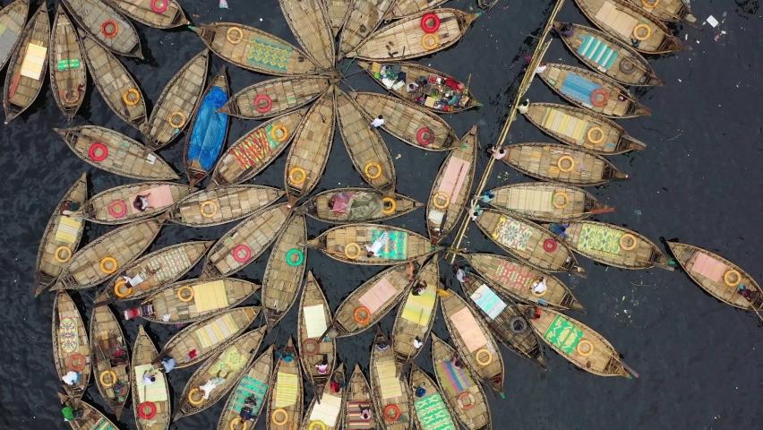 Aerial view of Wooden fishing boats along the Buriganga River, Keraniganj, Dhaka, Bangladesh.