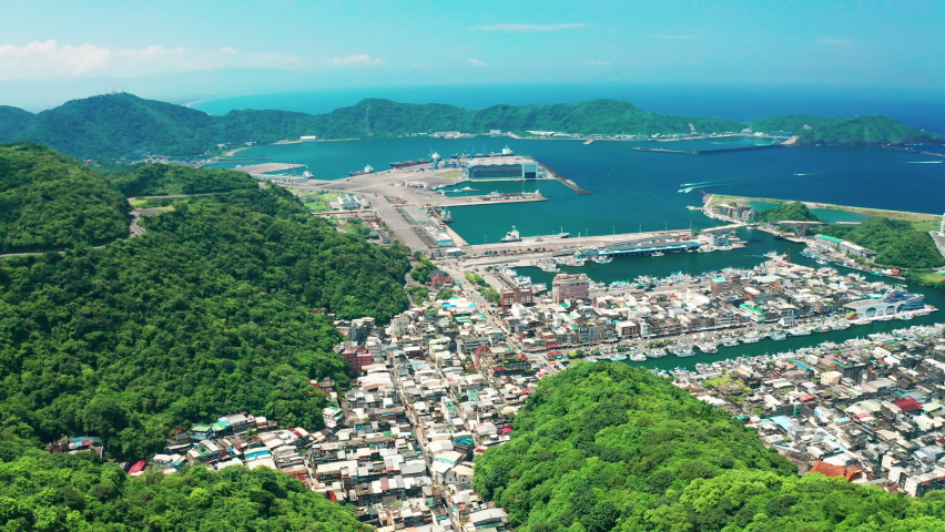 Aerial view of Suao fishing port with boats in Yilan, Taiwan.